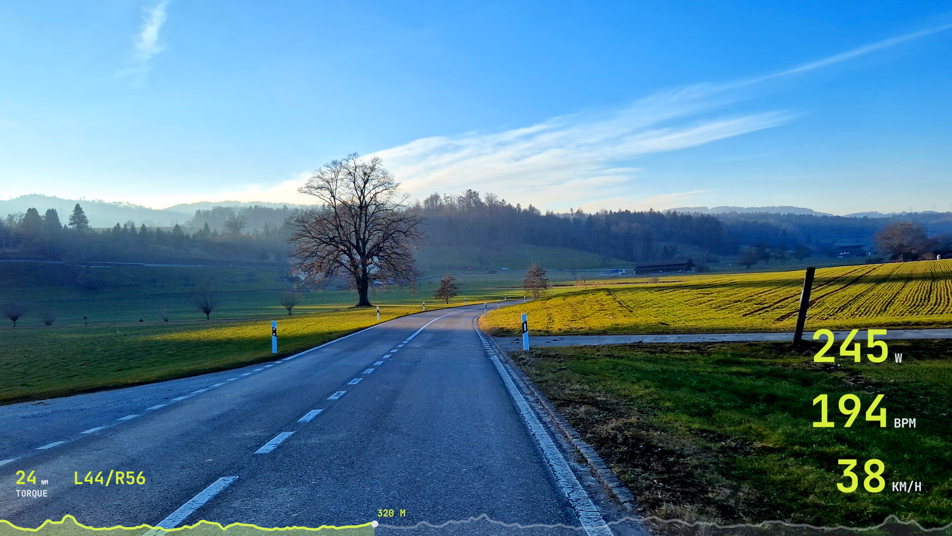 Rolling countryside footage with power, heart rate, speed, torque, and elevation profile widgets.