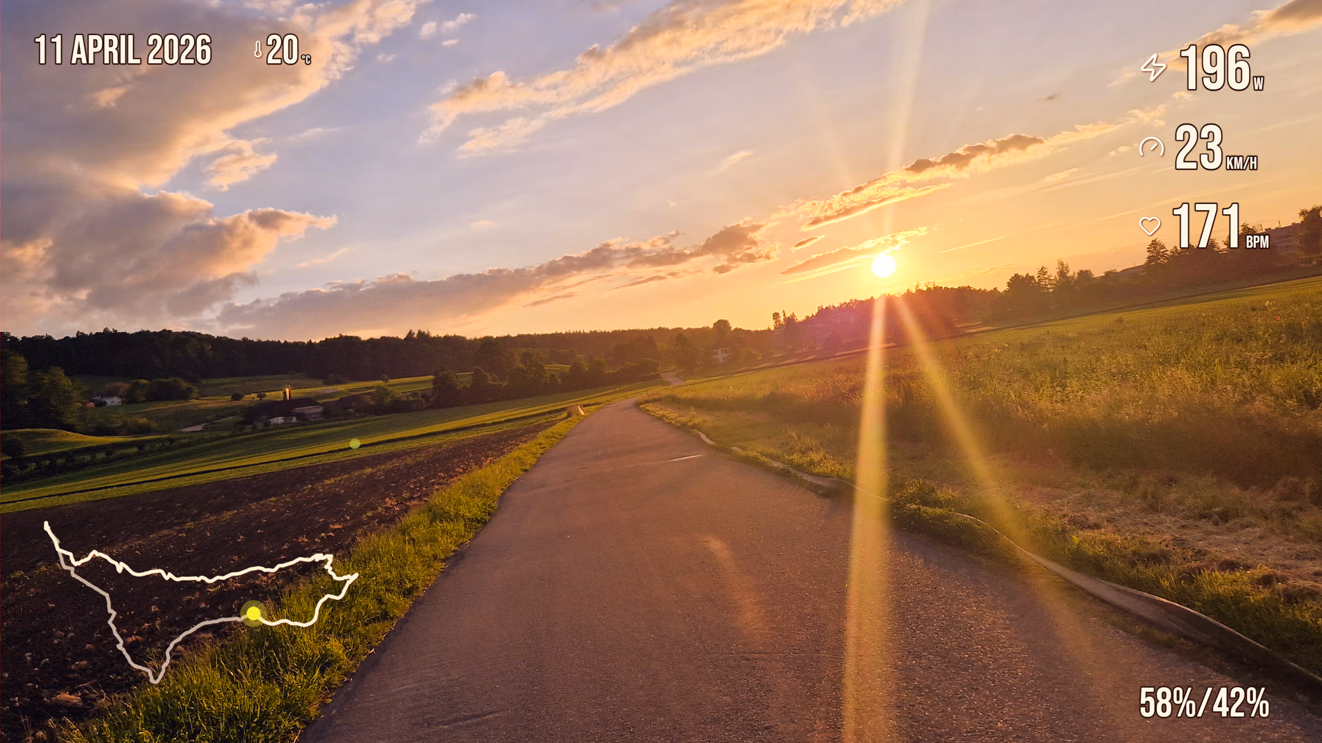 Sunset cycling footage with date, temperature, route, power, speed, heart rate, and balance widgets.
