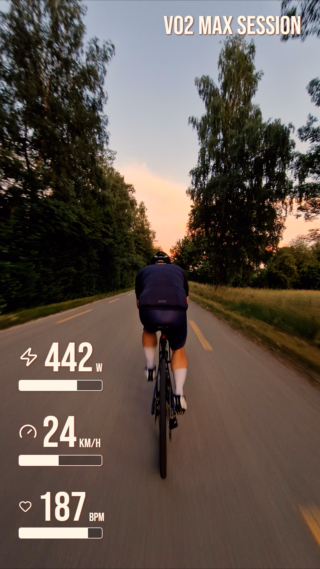 Portrait cycling footage with VO2 max title, power, speed, and heart rate widgets.
