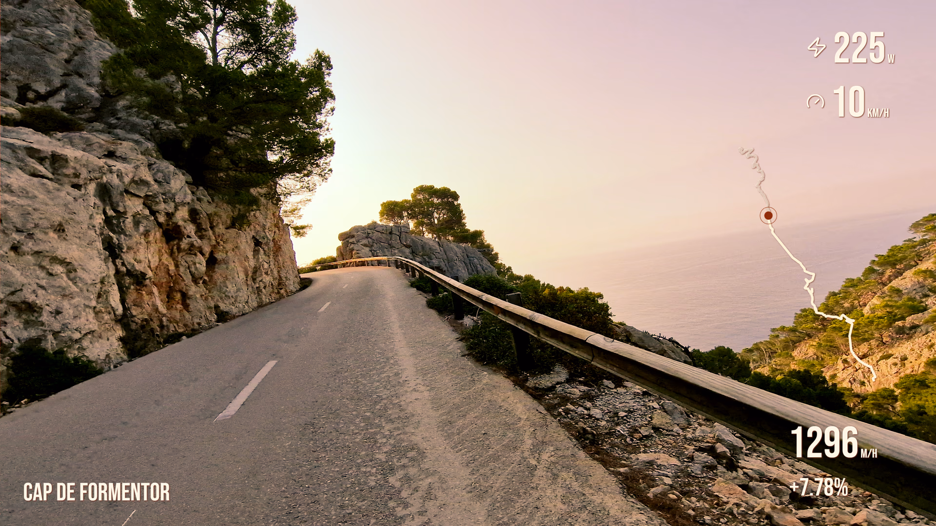 Coastal road footage with route, power, speed, elevation, and gradient widgets.