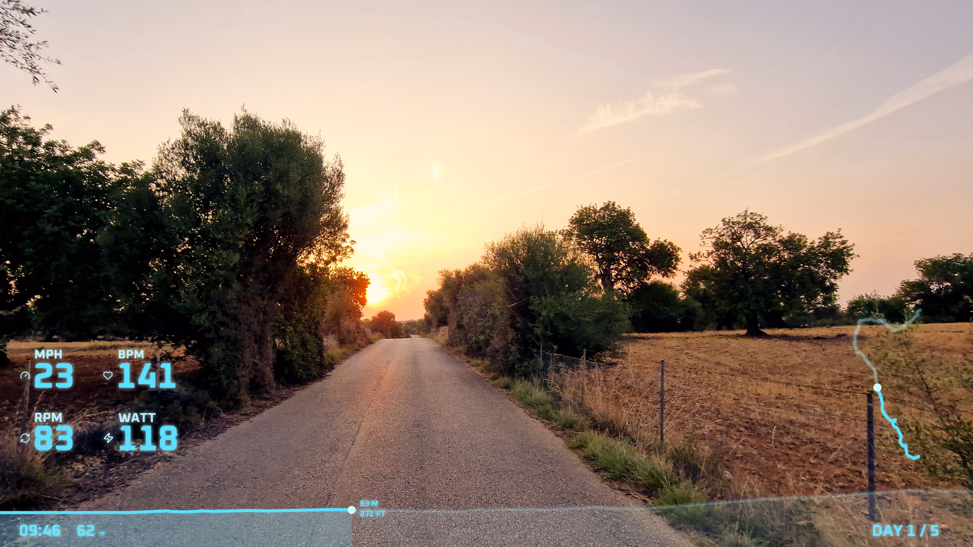 Sunset road footage with route, speed, cadence, power, heart rate, and elevation widgets.