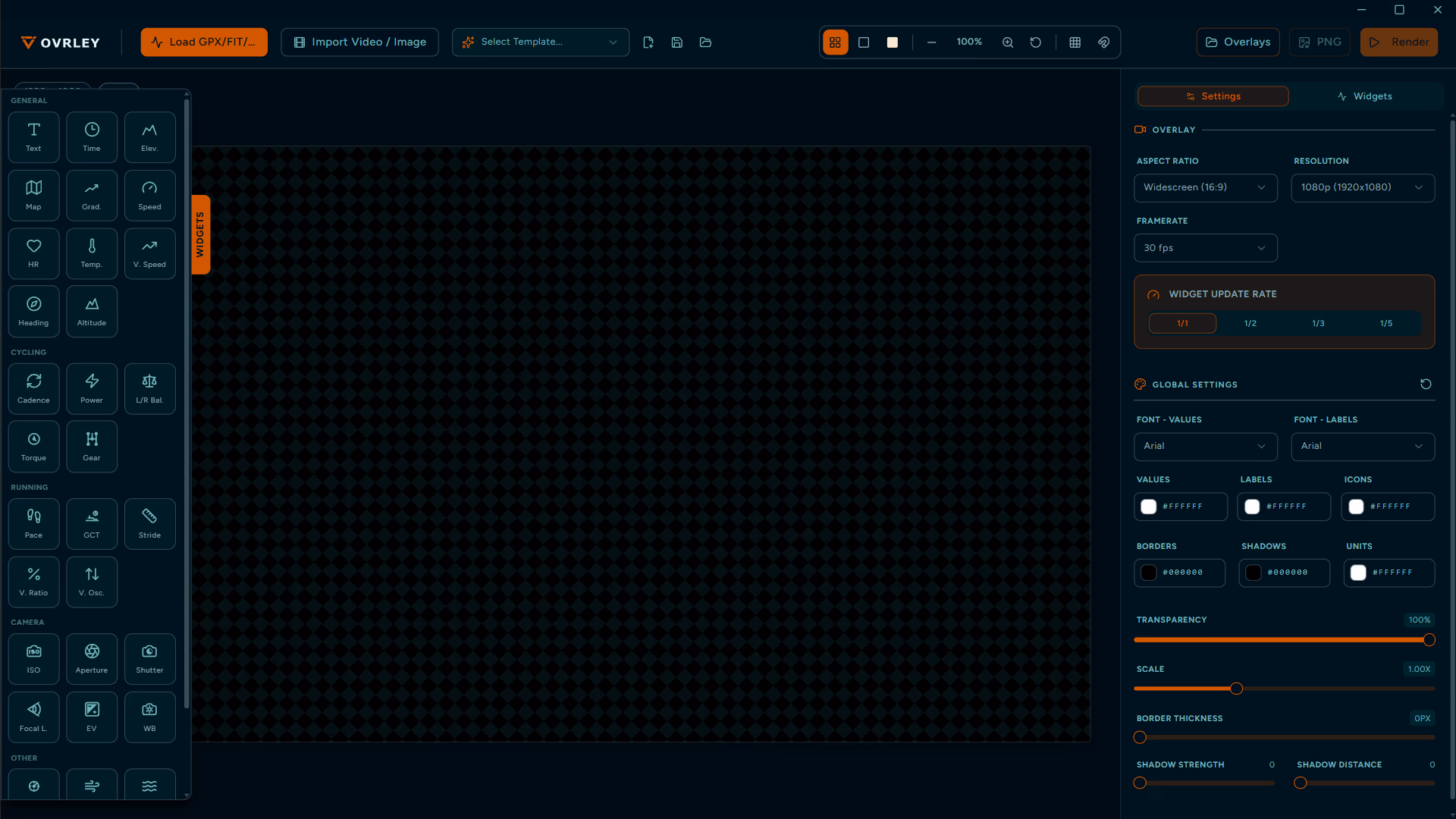 OVRLEY editor showing widget library, overlay settings, and an empty transparent canvas.