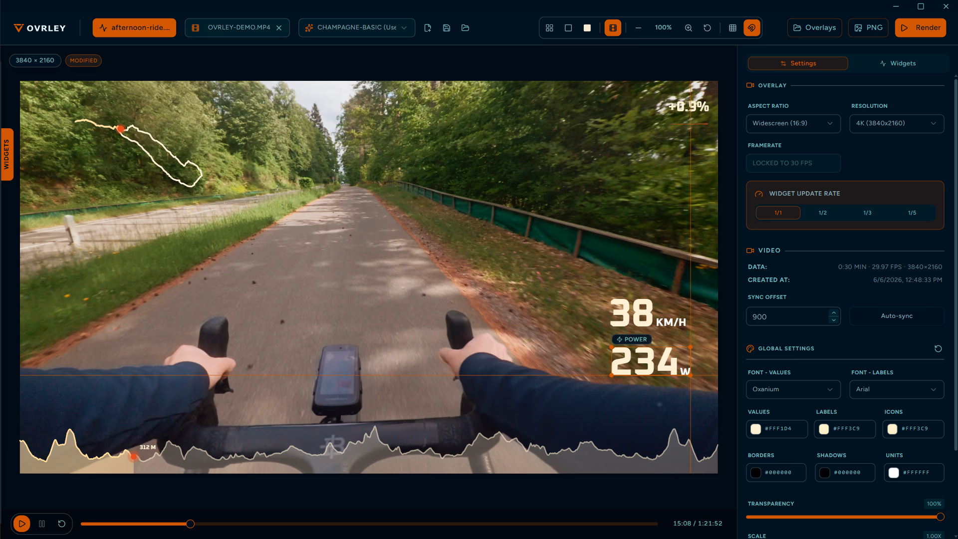 OVRLEY editor previewing cycling footage with speed, power, route, and elevation widgets.