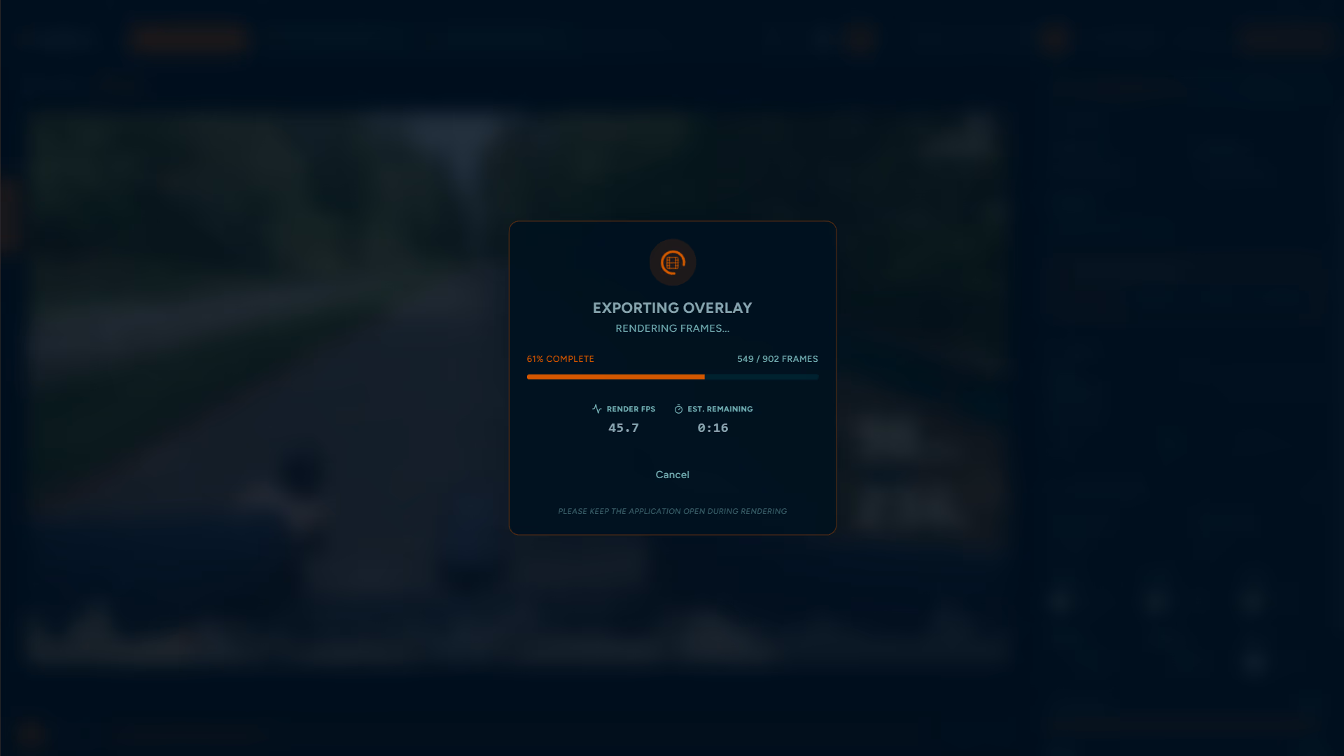 OVRLEY export progress dialog while rendering overlay frames.